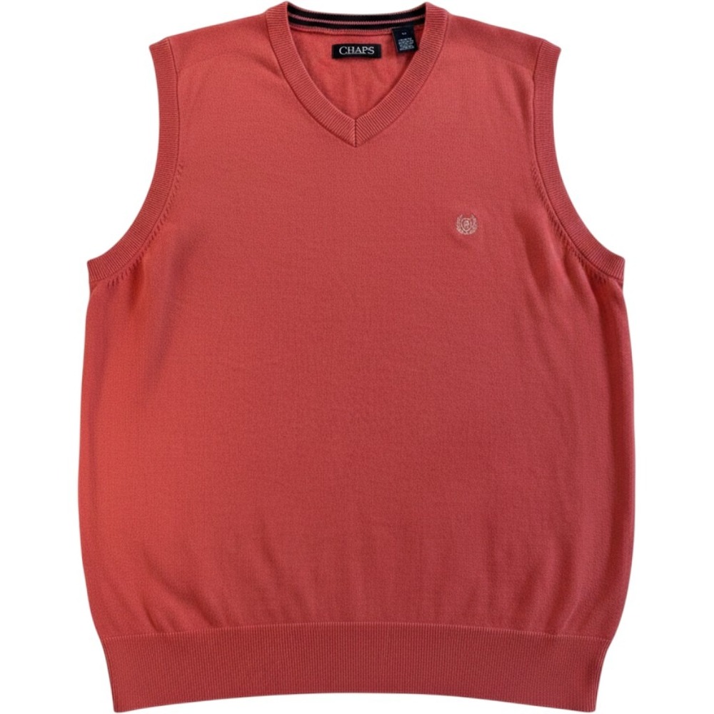 Chaps Red Sweater Vest Mens Large V-Neck 100% Cotton Preppy Golf Old Money